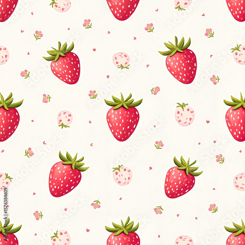 Colorful strawberry pattern featuring red and pink strawberries on a light background
