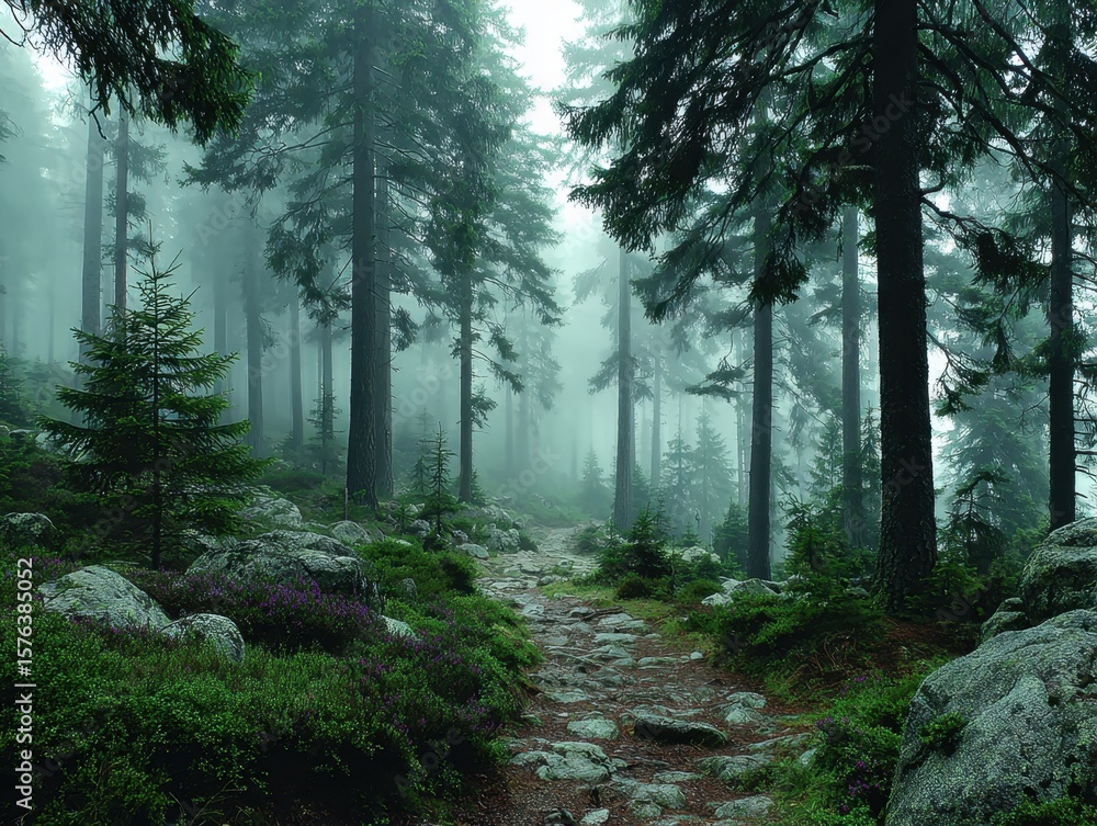Obraz premium Misty Forest Path with Stones and Greenery