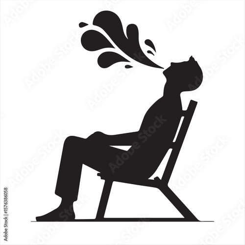 depicts a person in silhouette, sitting in a chair and appearing to be either spitting or vomiting, with a prominent splash graphic indicating the expulsion of fluid