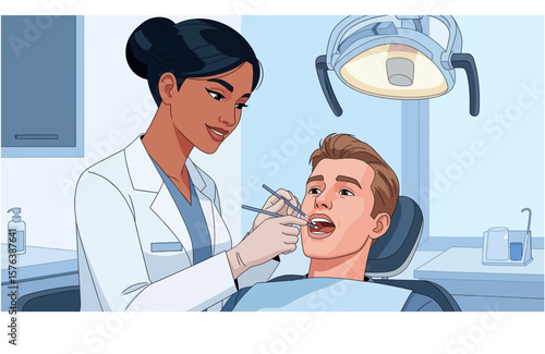 Female Dentist Treating a Male Patient. Dental Checkup at a Modern Clinic. Illustration of a female dentist performing an oral evaluation on a patient in a dental office. 
