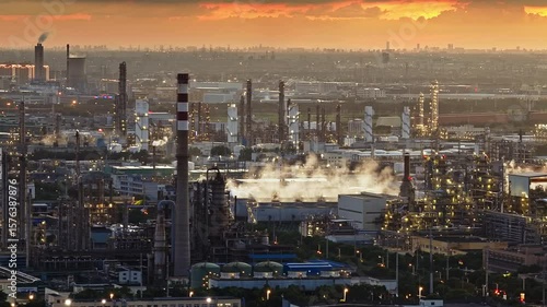 Aerial shot of a massive oil refinery and chemical plant complex with industrial smokestacks against a dramatic orange sunset sky.
