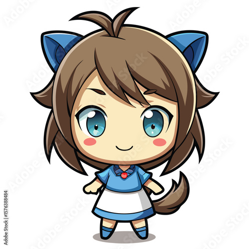 Cute anime girl with brown hair, blue eyes, and light blue outfit