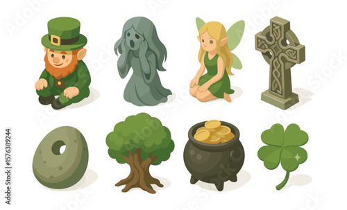 Whimsical irish mythology icons: leprechaun, banshee, fairy in celtic art