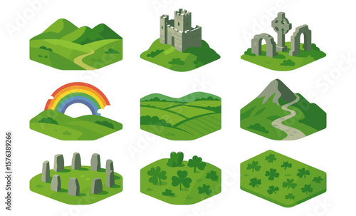 Charming irish landscape icons featuring castles, ruins, and natural scenery for design projects