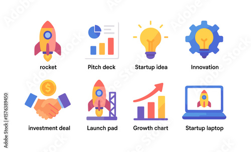 Startup launch icons set featuring rocket, pitch deck, and innovation elements for business design