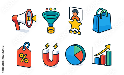Colorful marketing tools icon set for digital campaigns and strategy design