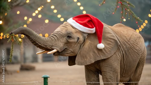 A baby elephant wearing a red Santa hat, part of a festive Christmas-themed celebration in a decorated space.
