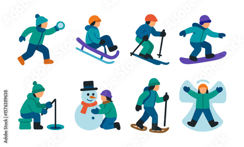 Winter activities icon set featuring snow sports and outdoor fun