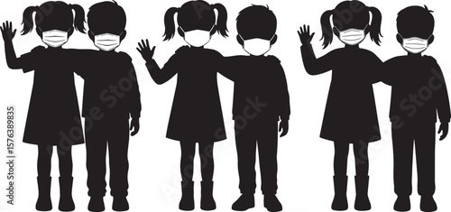 Healthy Brother And Sister Wearing Mask Cartoon silhouette