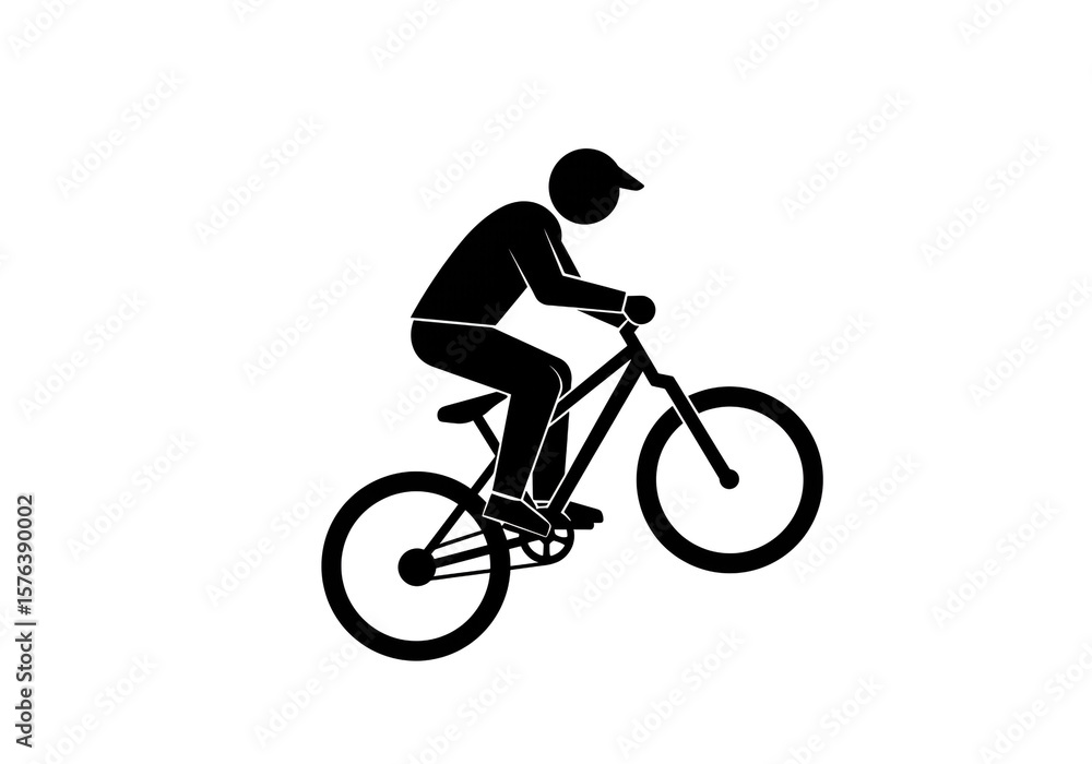 Silhouette of a cyclist performing a wheelie on a bicycle against a white background plain image Silhouette of a cyclist performing a wheelie on a bicycle against a white background plain image