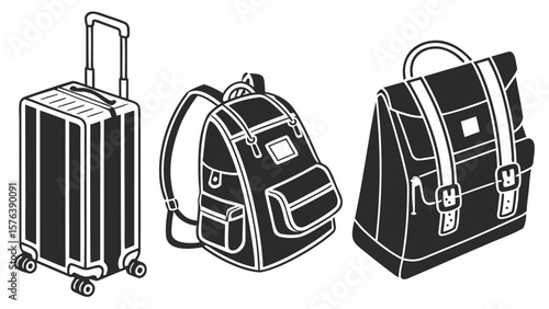 "Silhouette icon set of travel essentials: rolling suitcase, duffel bag, backpack, travel tote, isolated on white background, clean vector style"