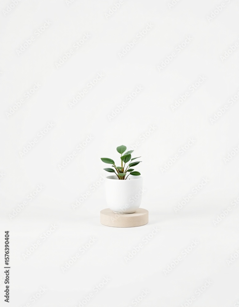 Fototapeta premium A photorealistic vertical stock image of a small green houseplant in a white ceramic pot, placed on a round smooth stone base