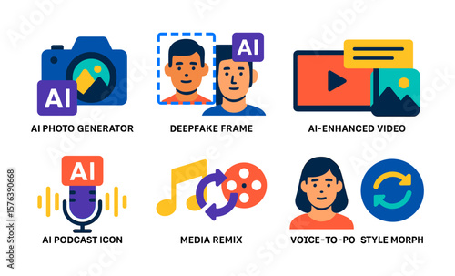 Generative ai media icons featuring photo generator, deepfake frame, and enhanced video