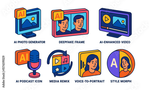 Generative ai media icons featuring ai photo generator and podcast design