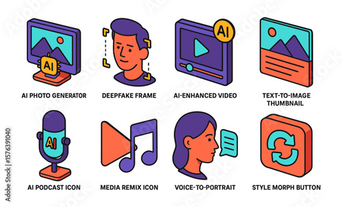 Ai media icons collection featuring deepfake, photo generation, and voice to portrait elements