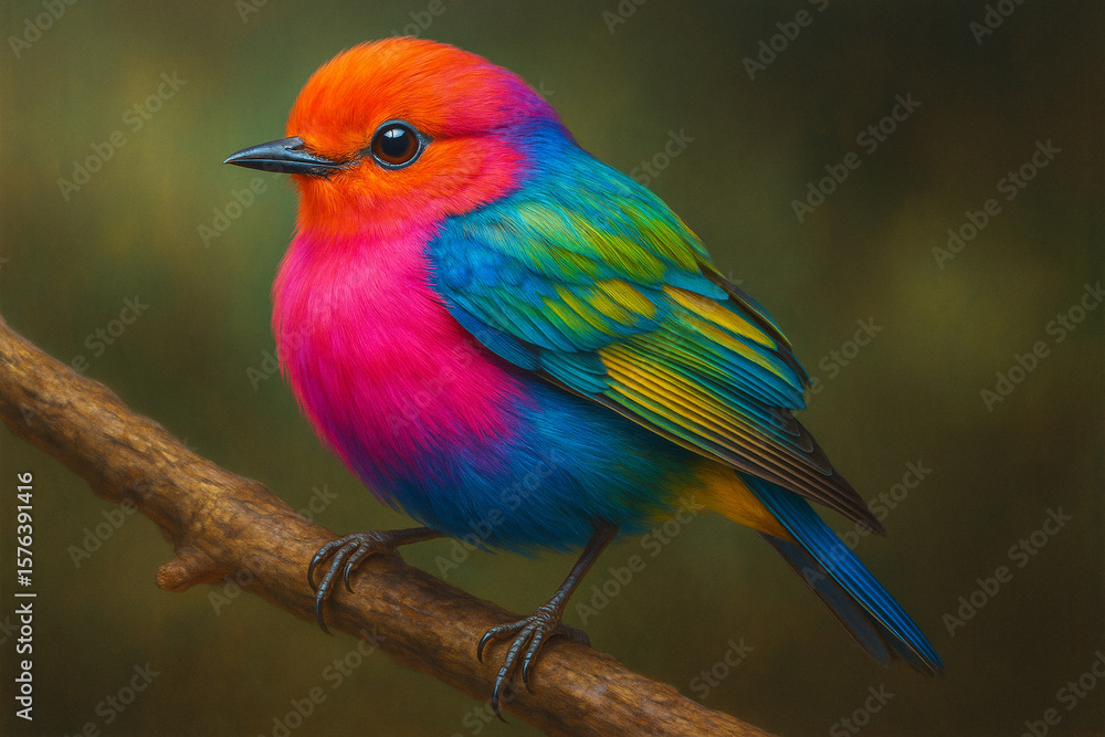 Fototapeta premium Vibrant multi colored bird perched on a branch with a soft green background