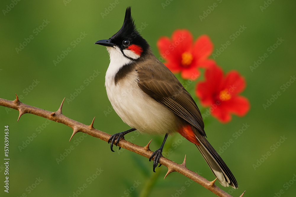 Fototapeta premium Red whiskered bulbul perched on a thorny branch with red flowers in background