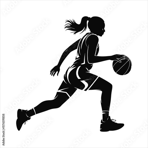 Silhouette of a female basketball player dribbling the ball with dynamic motion
