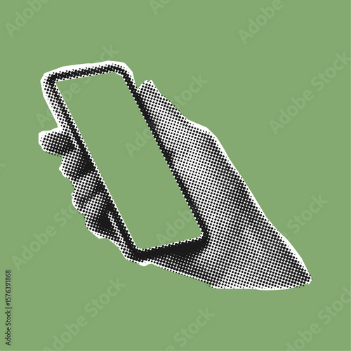Halftone hand holding smartphone,trendy collage element,cut out from paper