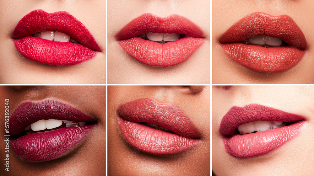 Obraz premium Beauty Collage Featuring Six Sets of Female Lips Wearing Lipstick Ranging from Deep Red to Soft Pink in Flat Lay Editorial Format