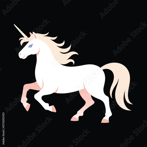Stylized white unicorn with a flowing mane and tail on a black background