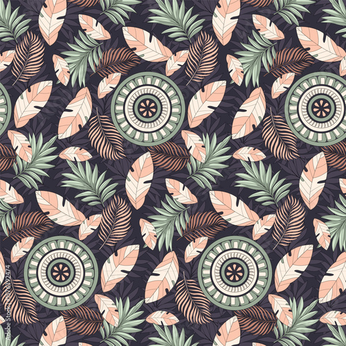 Seamless boho-style vector pattern with tribal feathers, circular mandala-like elements and tropical leaves on a dark background. Ideal for fabric, wallpaper, or wrapping paper.