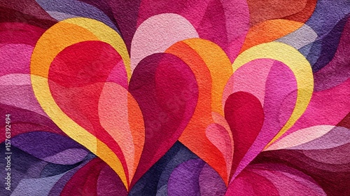Vibrant abstract watercolor petals forming hearts with a gradient of warm and cool colors