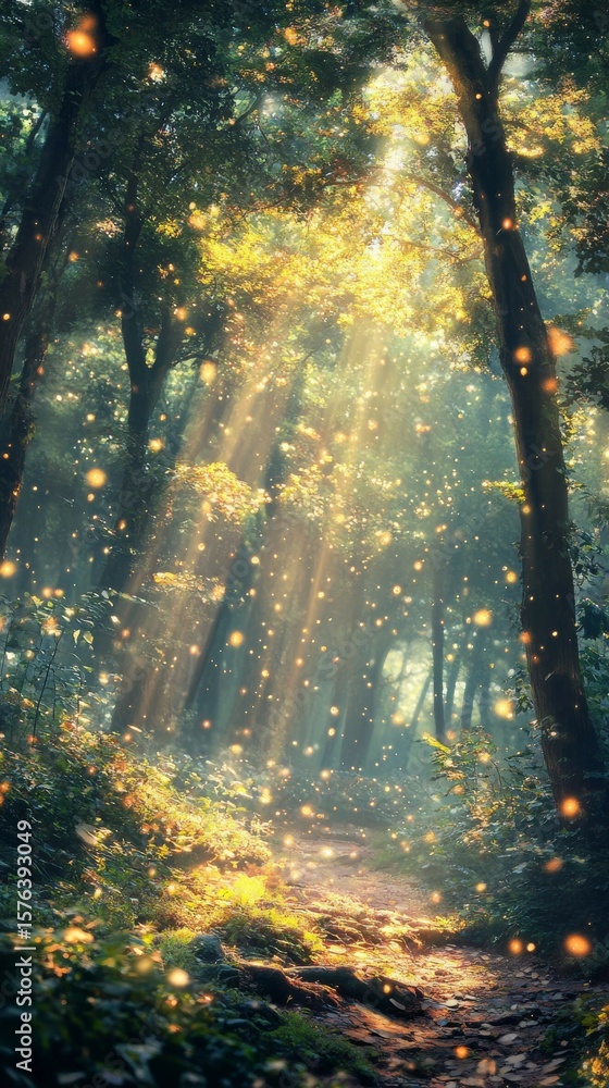 Fototapeta premium Sunbeams Streaming Through Forest Trees with Magical Light Effects