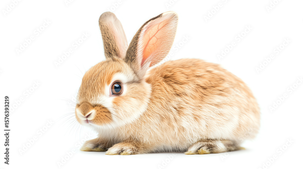 Fototapeta premium Pet rabbit with ears upright, soft fur texture, white background