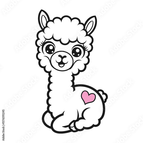Kawaii style black and white vector cartoon of adorable alpaca with big eyes and pink heart sitting on white background