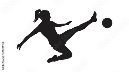 Black vector silhouette of a female football  player in action illustration on white background 