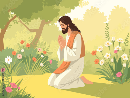 Jesus Christ Kneeling in Prayer Long Brown Hair White Robe Orange Stole.