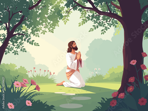 Jesus Kneeling in Prayer in a Peaceful Garden Setting.