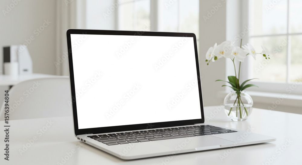 Fototapeta premium Modern laptop with blank screen and white orchids on a desk