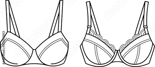 Women's Bra Underwear Outline Vector Template: Classic and Lace Detail Designs, Lingerie Fashion Apparel, Comfortable Innerwear Mockup, Digital Illustration, Undergarment Blueprint.