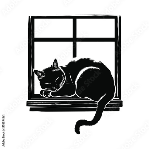 Silhouette vector of curled cat sleeping on wooden windowsill with closed eyes isolated on white background