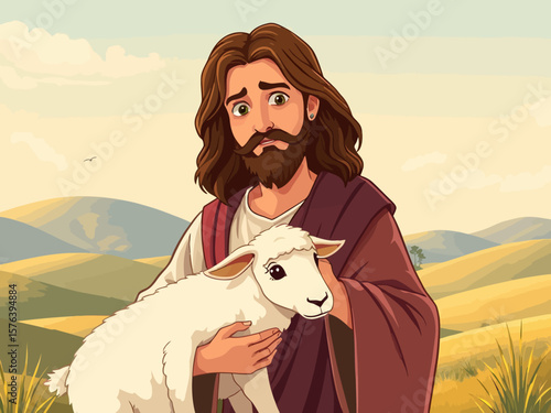 Cartoon Jesus Holding a Lamb Depicting Compassion and Care Religious Illustration.