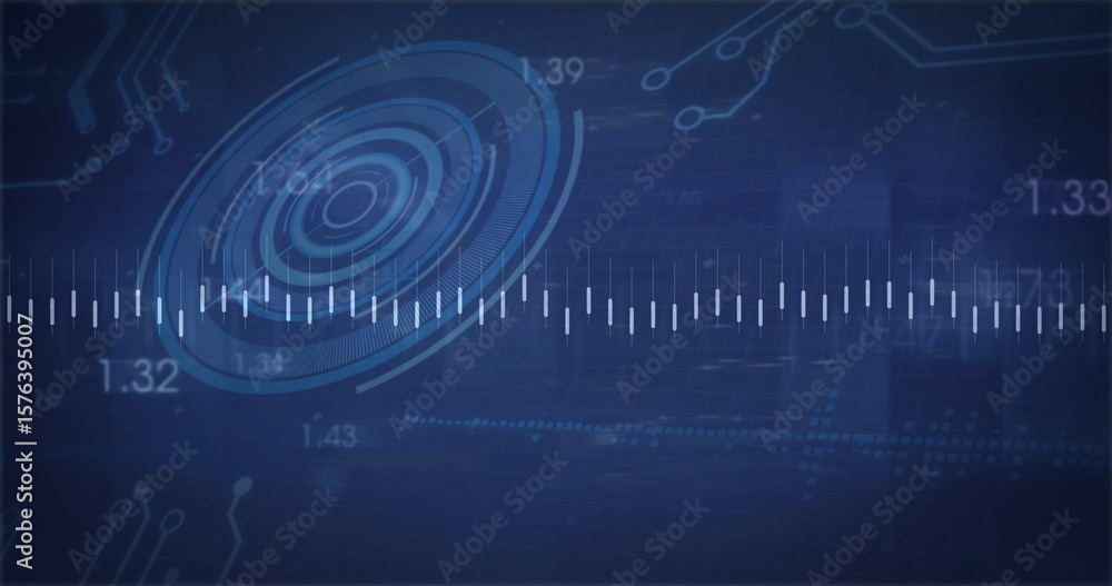 Obraz premium Rotating circular interface graphic over dashboard, with waveform and numeric labels, copy space