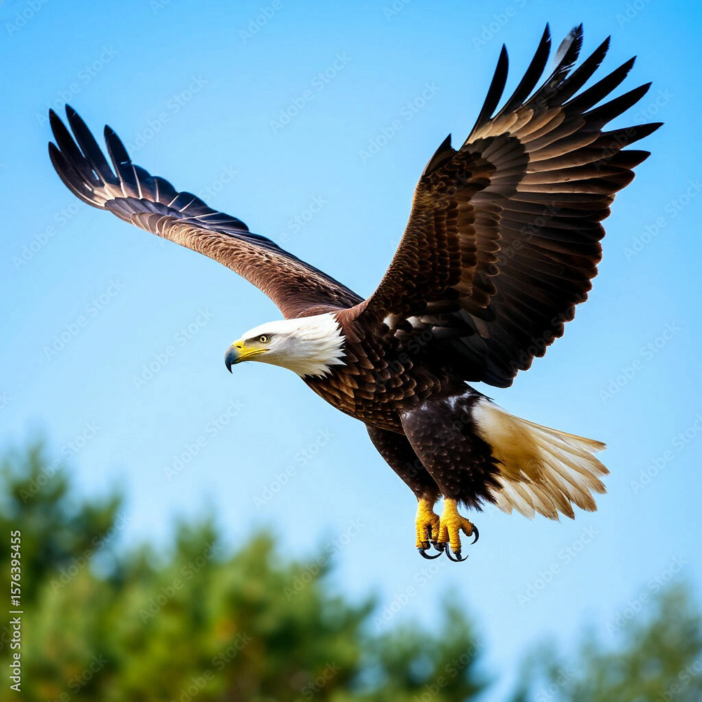 Naklejka premium Bald eagle soaring in blue sky with trees in background 