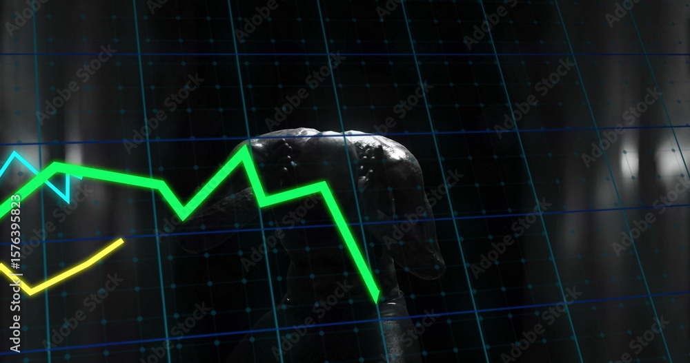 Naklejka premium Displaying metallic crocodile head rising on digital grid, neon green and yellow graphs, copy space