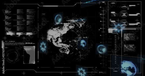 Displaying central fractal hologram on control dashboard, with code panels and gauge diagrams