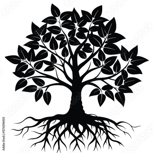 Black silhouette of a deciduous tree with roots and leaves white