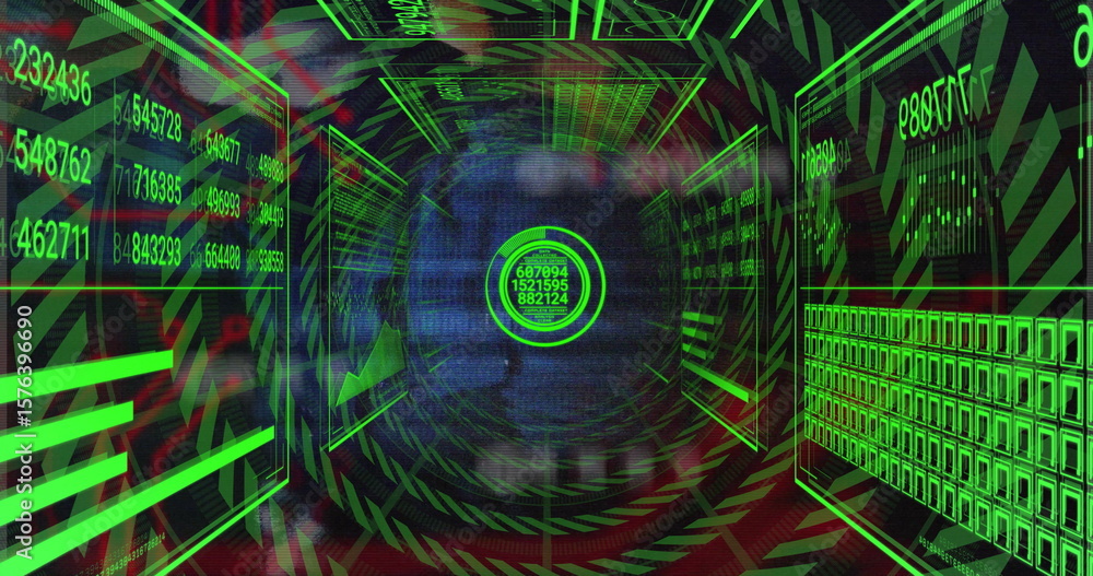 Obraz premium Displaying reticle projecting numeric strings in virtual corridor, with floating panels and graphs