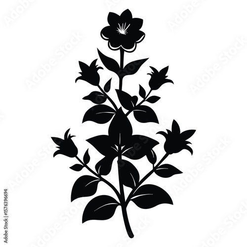 Black silhouette of a flowering plant with bell shaped blossoms and leaves vector