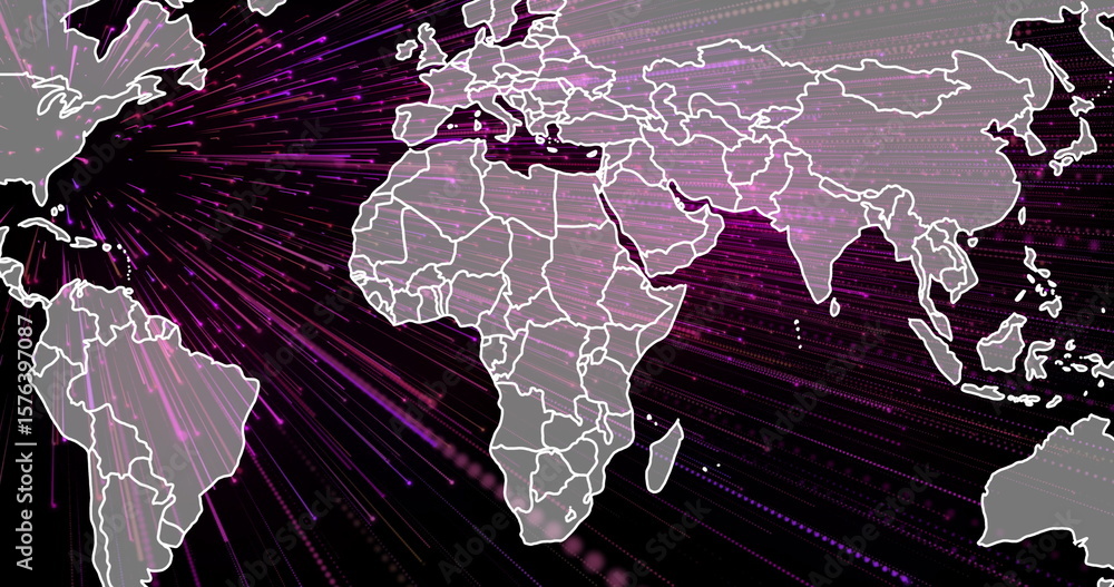 Naklejka premium Streaming stylized world map sending data across regions in visualization, with purple pink streams