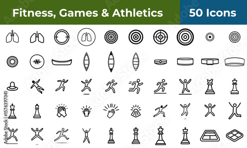 Collection of fitness games and athletics icons featuring lungs targets boats and chess pieces in outline style
