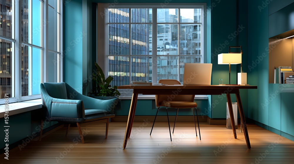 Fototapeta premium Contemporary Workspace Interior Design Featuring a Cozy Desk and Ambient Lighting in a Modern Office