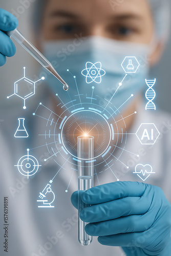 A person in medical attire holds a test tube while a dropper dispenses liquid, surrounded by icons signifying scientific research and artificial intelligence in medicine