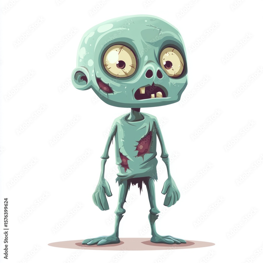 Fototapeta premium Cartoon green zombie isolated on a white background. 2d illustration. Zombie Isolated on white. Zombie 2d illustration. Halloween. Halloween Concept Cut-out Sticker.