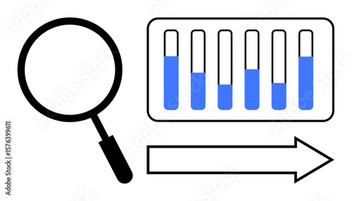 Magnifying glass focusing on test tubes with liquid levels and a directional arrow. Ideal for scientific research, data analysis, progress tracking, discovery, medical testing, lab processes, simple